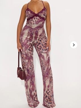Fashion Nova Burgundy and Taupe Leopard-Print Jumpsuit